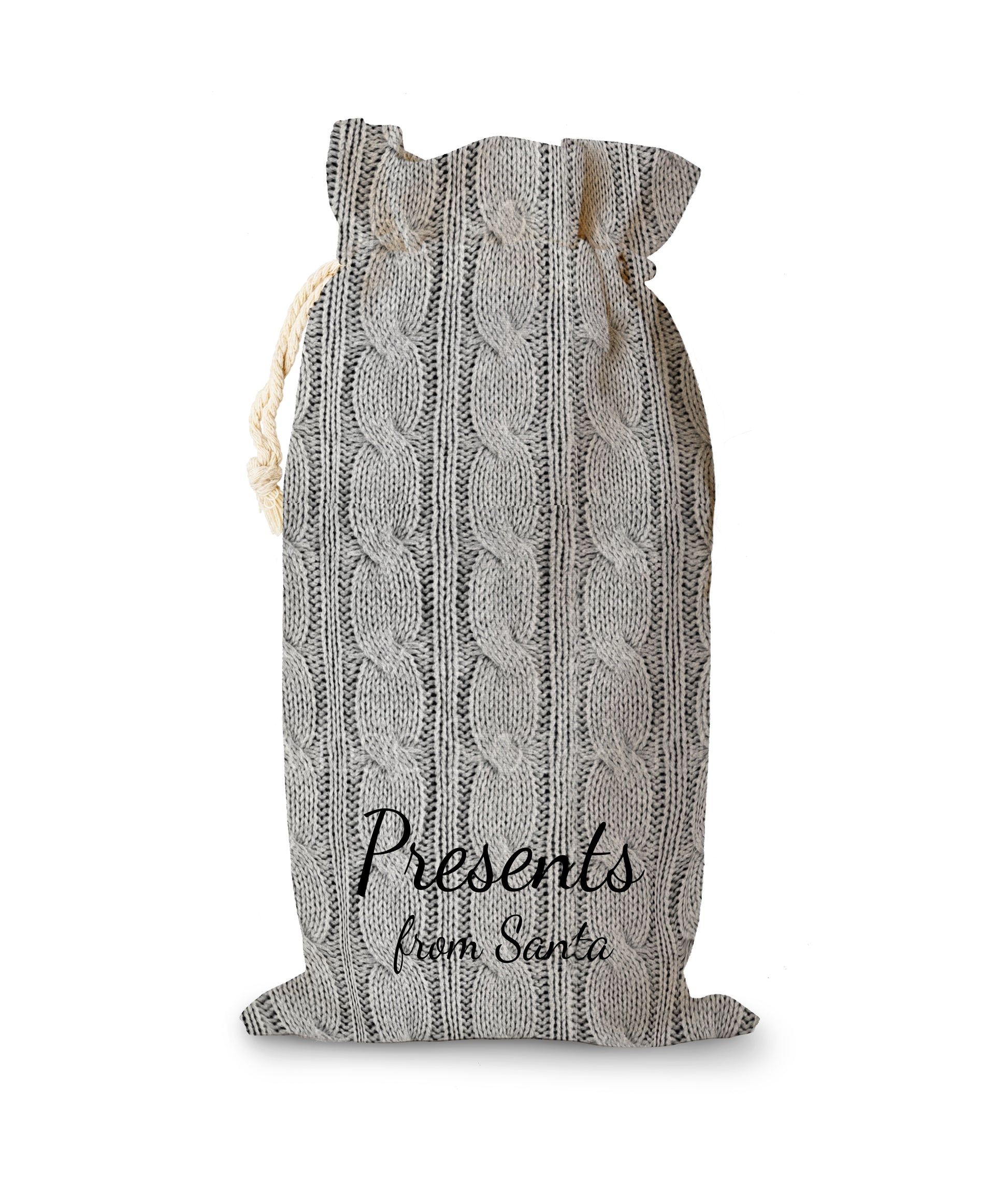 Personalised Grey Fabric Sack. Santa Sack. Personalised Text is "Presents from Santa"