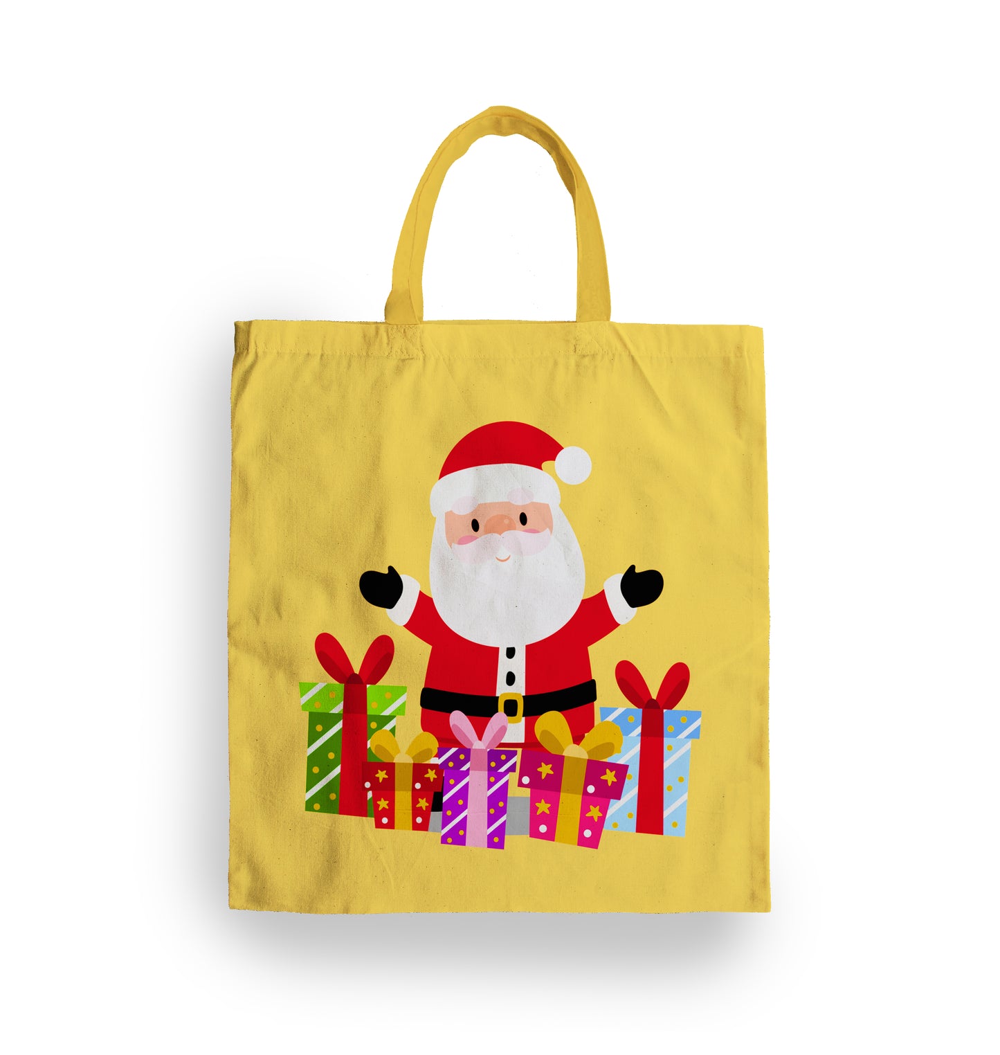 Personalised Tote Bag, Christmas Santa. Yellow Background. Santa with Presents art.